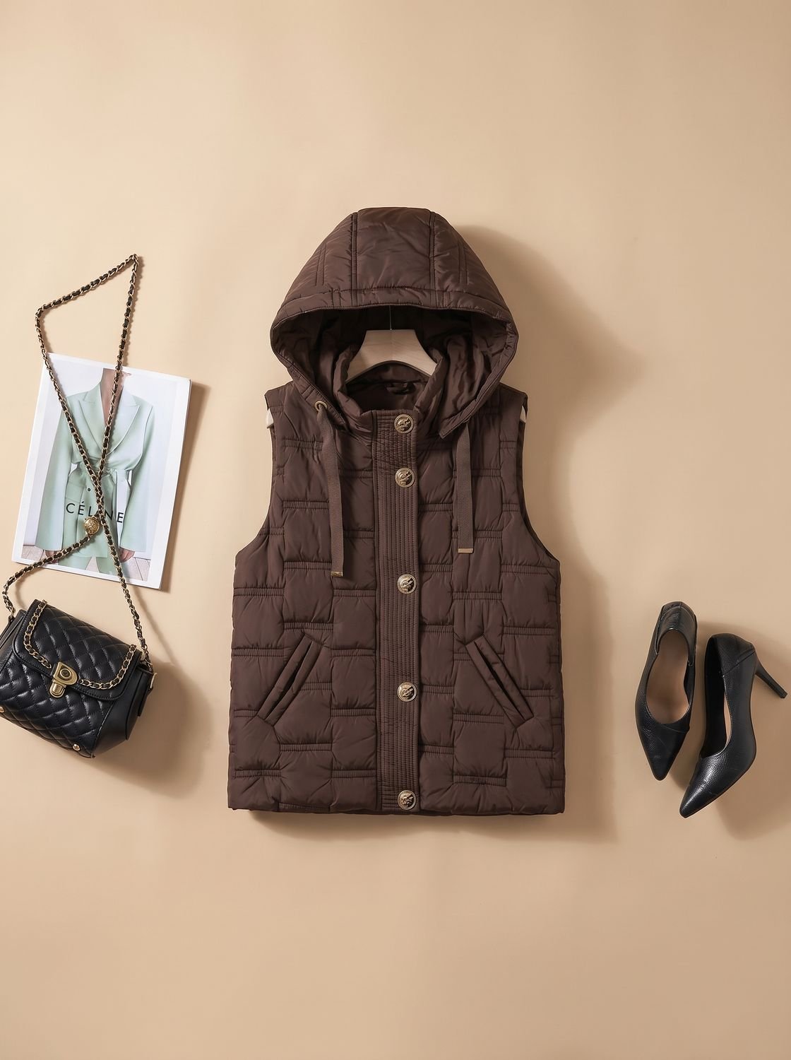 Women's Hooded Button-Front Quilted Vest | Leonie in Milan Brown - Juana Fashion
