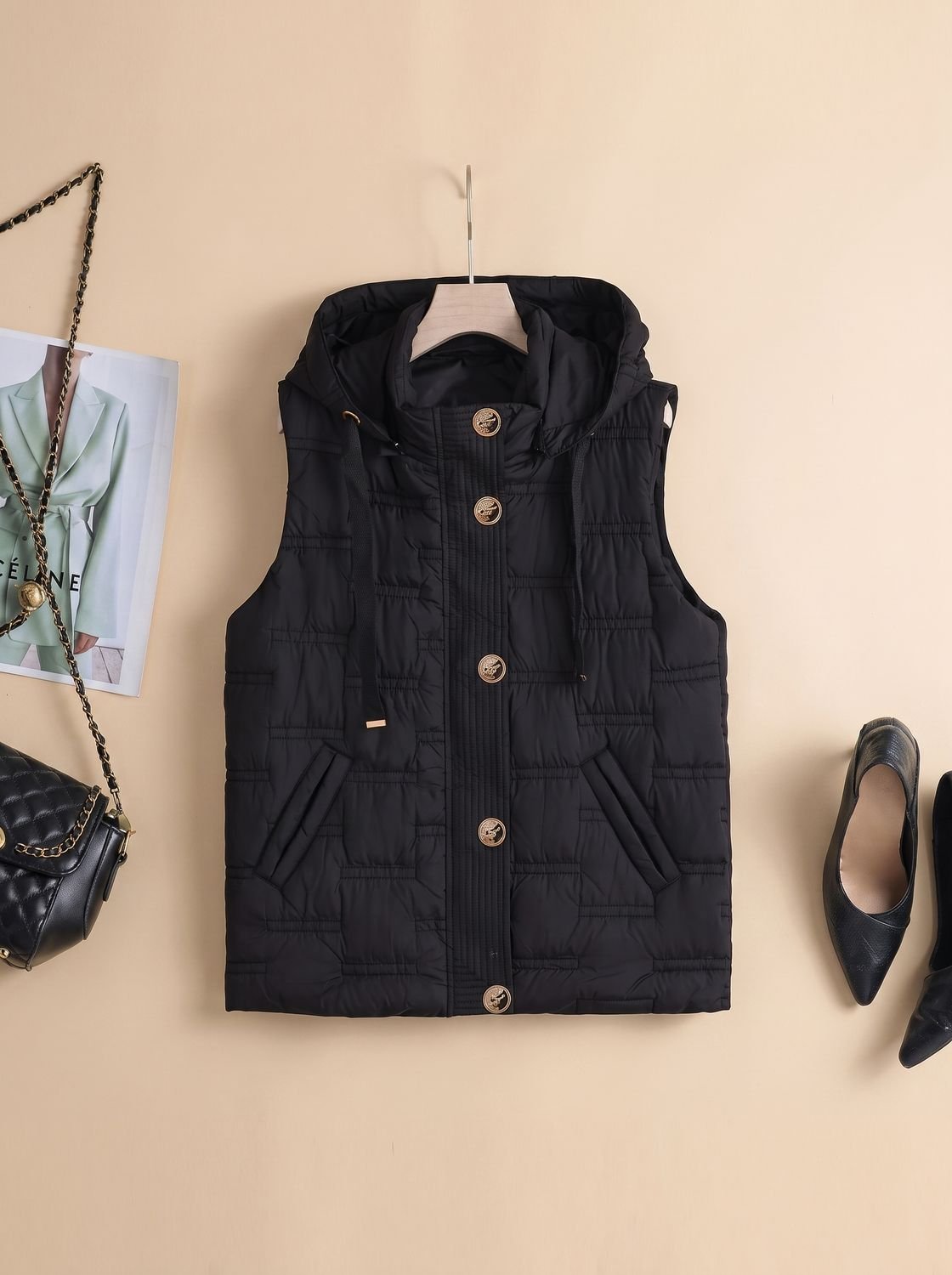 Women's Hooded Button-Front Quilted Vest | Leonie in Black - Juana Fashion