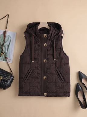 Women's Hooded Button-Front Quilted Vest | Leonie in Brown - Juana Fashion