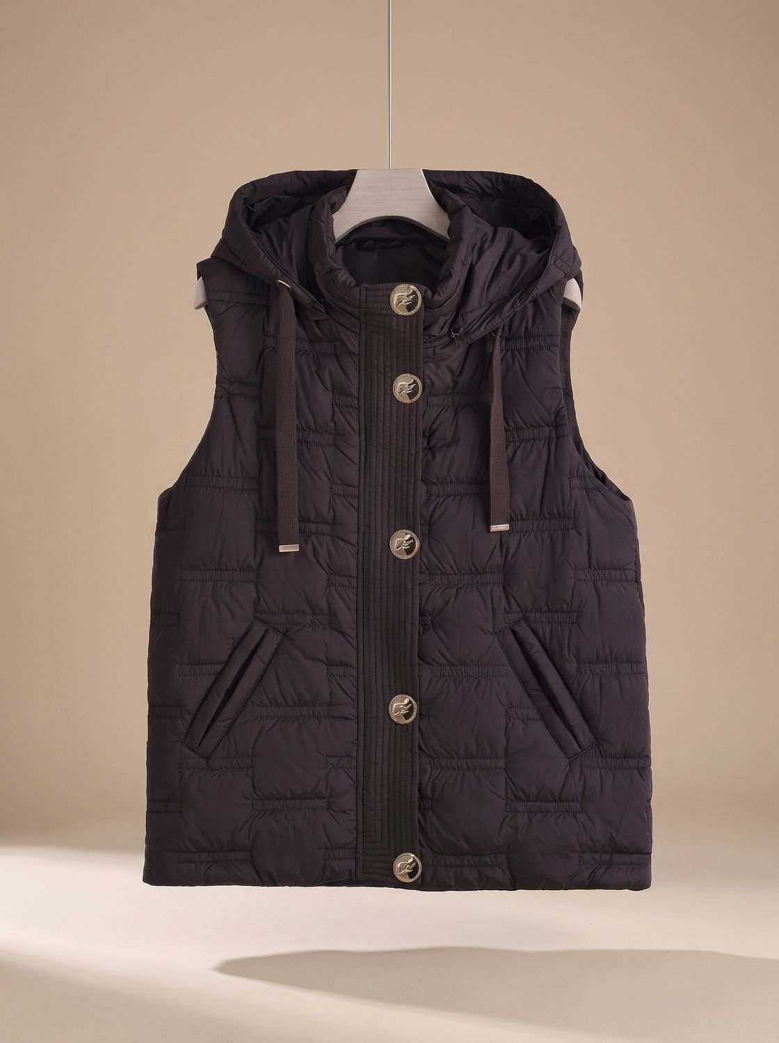 Women's Hooded Button-Front Quilted Vest | Leonie in Milan Brown - Juana Fashion