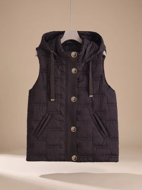 Women's Hooded Button-Front Quilted Vest | Leonie in Milan Brown - Juana Fashion