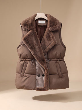 Women's Quilted Vest with Faux Fur Collar | Hannah in Brown - Juana Fashion
