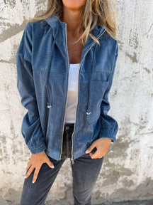 Women's Oversized Hooded Corduroy Jacket | Mia in Blue - Juana Fashion