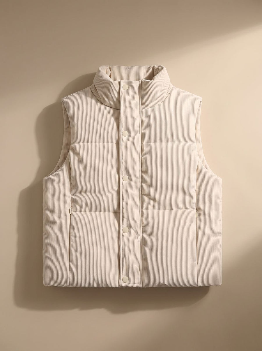 Women's Cropped Corduroy Snap-Front Vest | Marie in Off-White - Juana Fashion