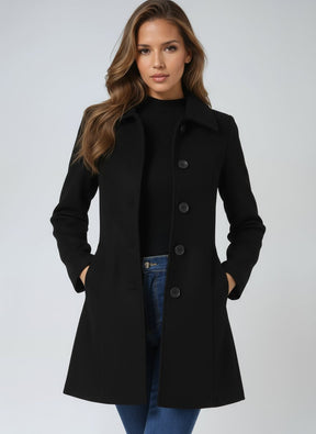 Women's Long Single-Breasted Coat with Lapels | Emilia in Navy - Juana Fashion