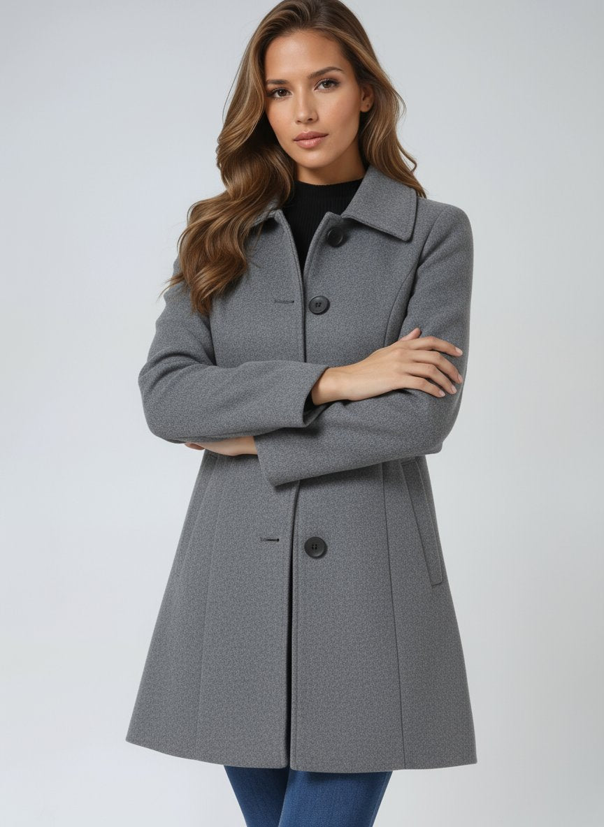 Women's Long Single-Breasted Coat with Lapels | Emilia in Navy - Juana Fashion