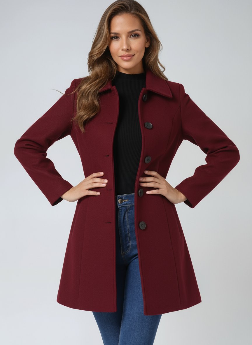 Women's Long Single-Breasted Coat with Lapels | Emilia in Navy - Juana Fashion