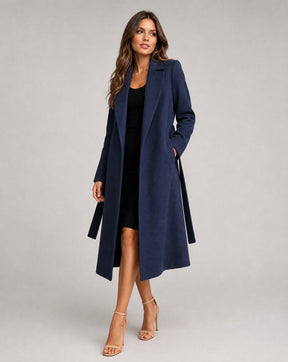 Women's Belted Wool-Blend Trench Coat | Clara in Navy - Juana Fashion