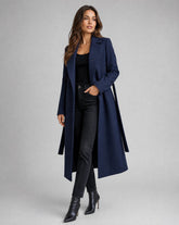 Women's Belted Wool-Blend Trench Coat | Clara in Navy - Juana Fashion