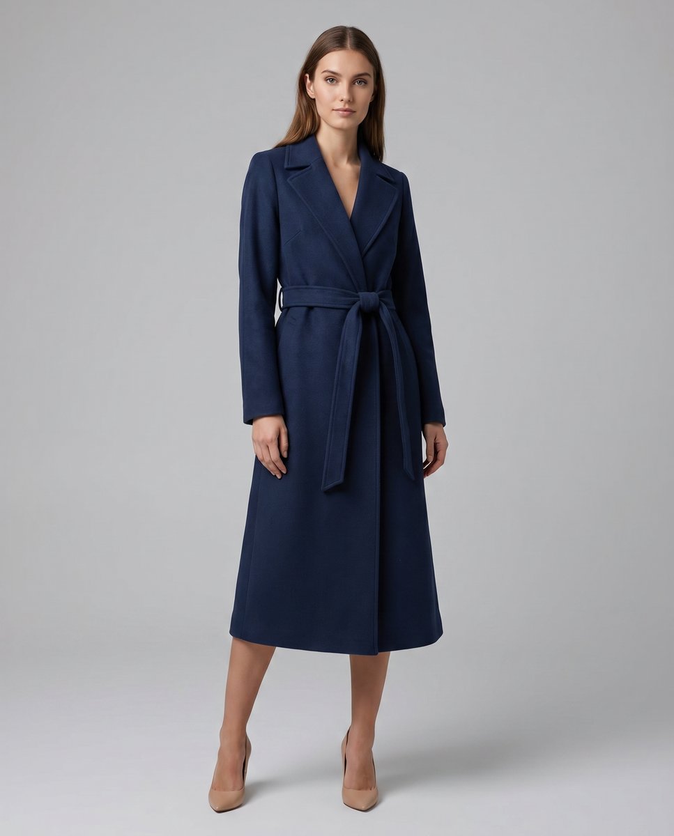 Women's Belted Wool-Blend Trench Coat | Clara in Navy - Juana Fashion