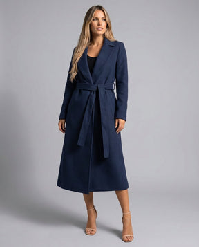 Women's Belted Wool-Blend Trench Coat | Clara in Navy - Juana Fashion