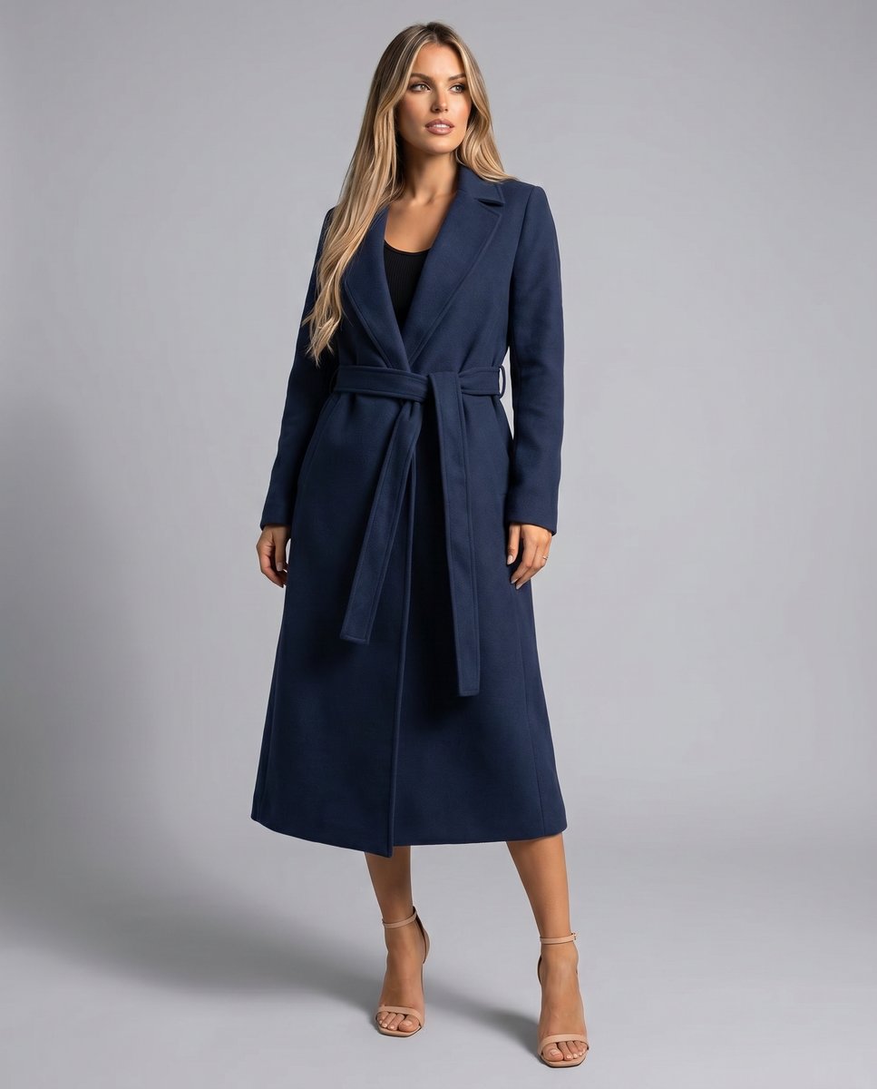 Women's Belted Wool-Blend Trench Coat | Clara in Navy - Juana Fashion
