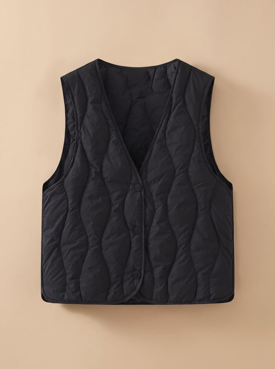 Women's Insulated Quilted V-Neck Vest | Elfriede in Black - Juana Fashion