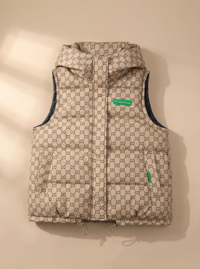 Women's Patterned Hooded Quilted Vest | Marlene in Khaki - Juana Fashion