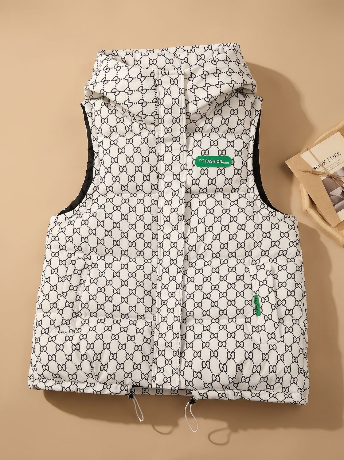 Women's Patterned Hooded Quilted Vest | Marlene in White - Juana Fashion