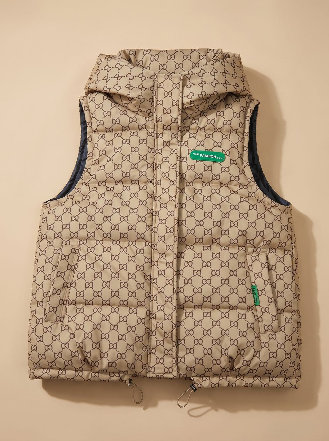 Women's Patterned Hooded Quilted Vest | Marlene in Khaki - Juana Fashion