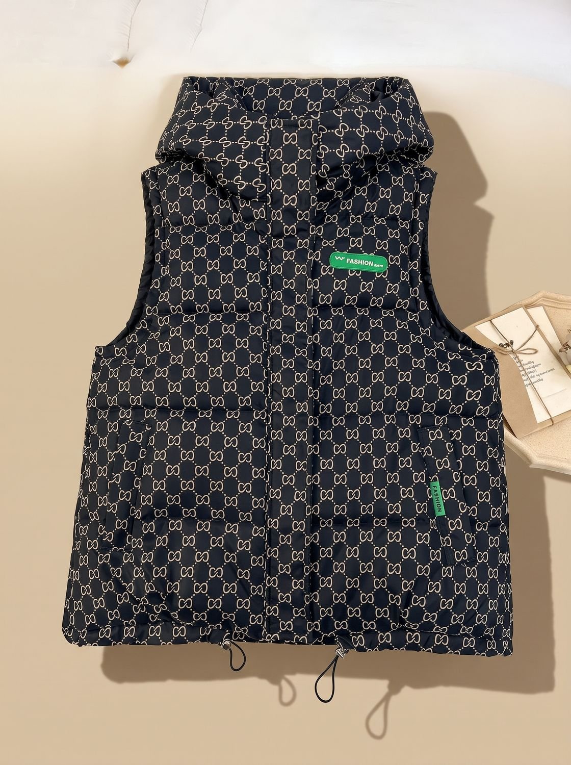 Women's Patterned Hooded Quilted Vest | Marlene in Black - Juana Fashion