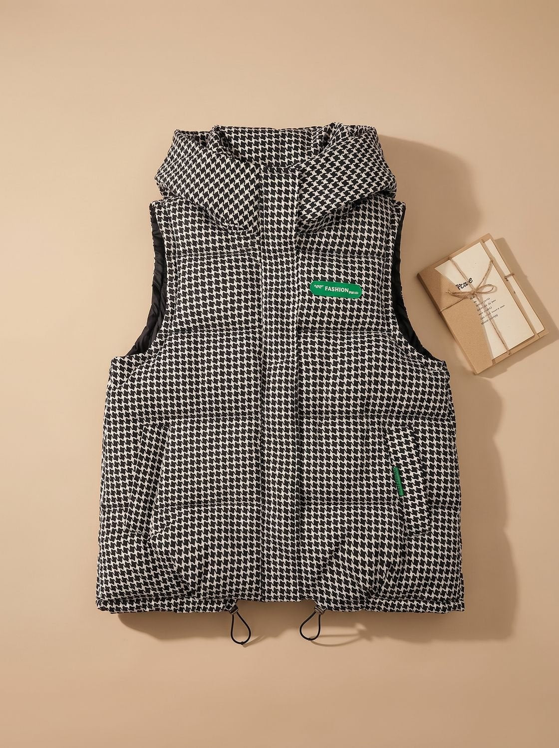 Women's Patterned Hooded Quilted Vest | Marlene in Houndstooth - Juana Fashion