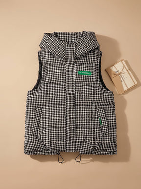 Women's Patterned Hooded Quilted Vest | Marlene in Houndstooth - Juana Fashion