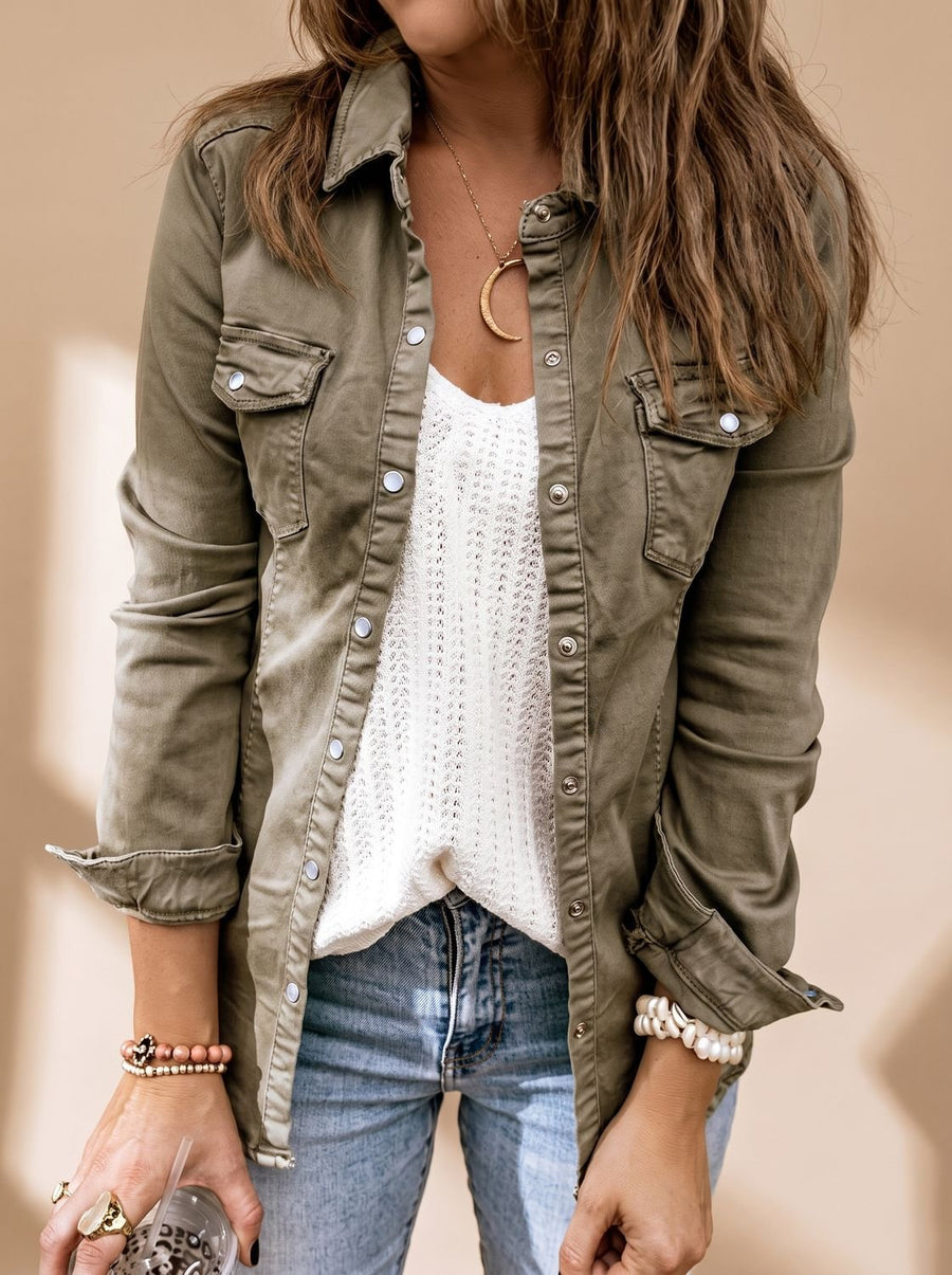 Women's Collared Denim Jacket with Pockets | Annika in Gray - Juana Fashion
