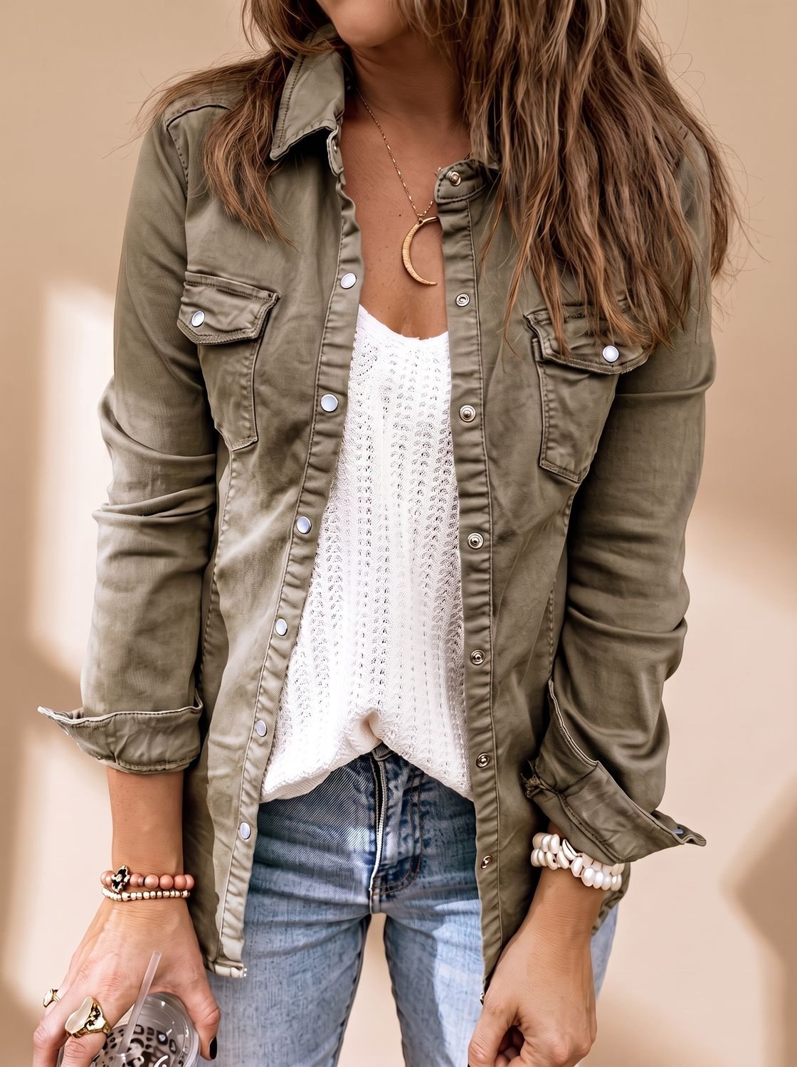 Women's Collared Denim Jacket with Pockets | Annika in Gray - Juana Fashion