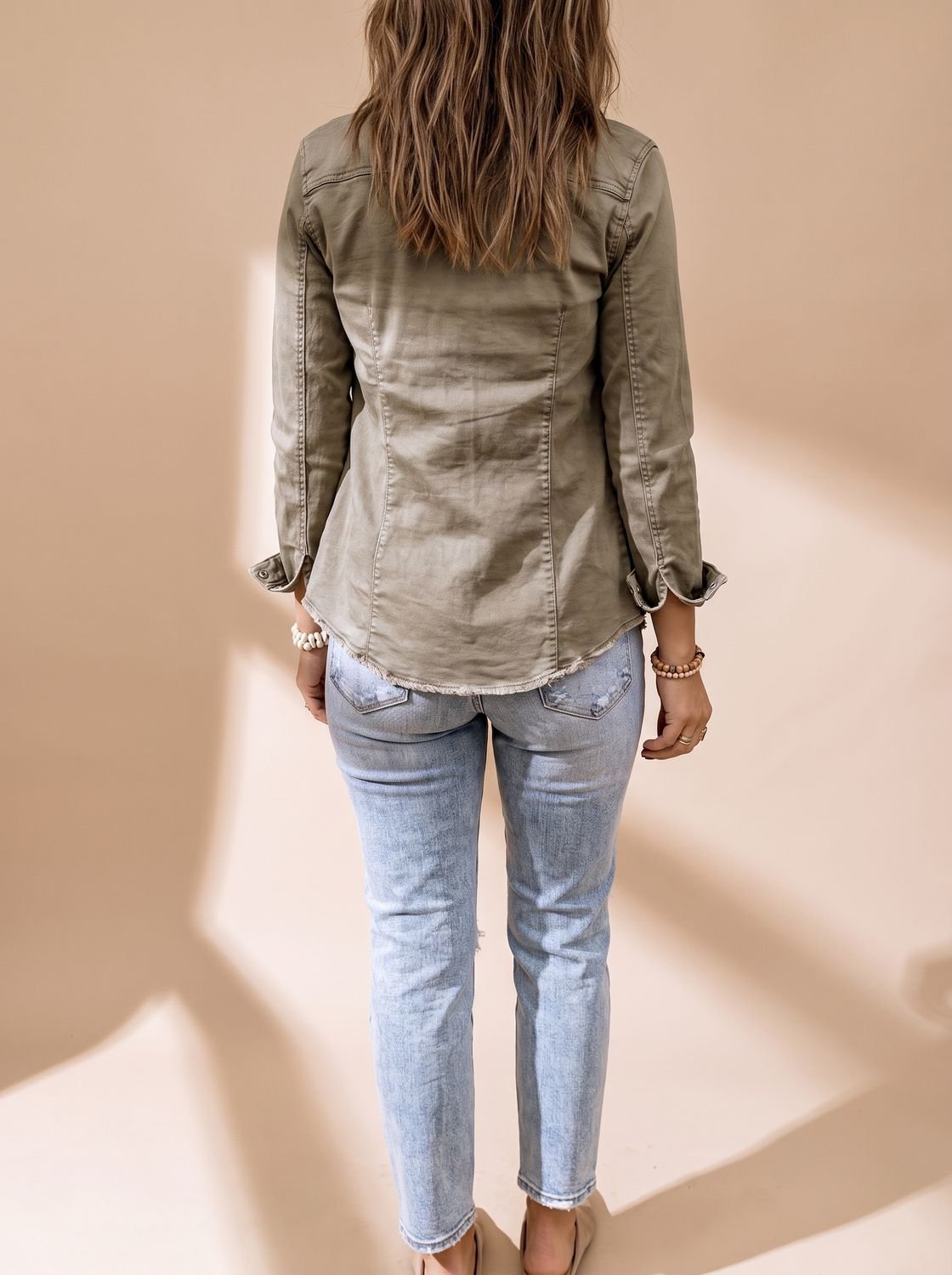 Women's Collared Denim Jacket with Pockets | Annika in Army Green - Juana Fashion