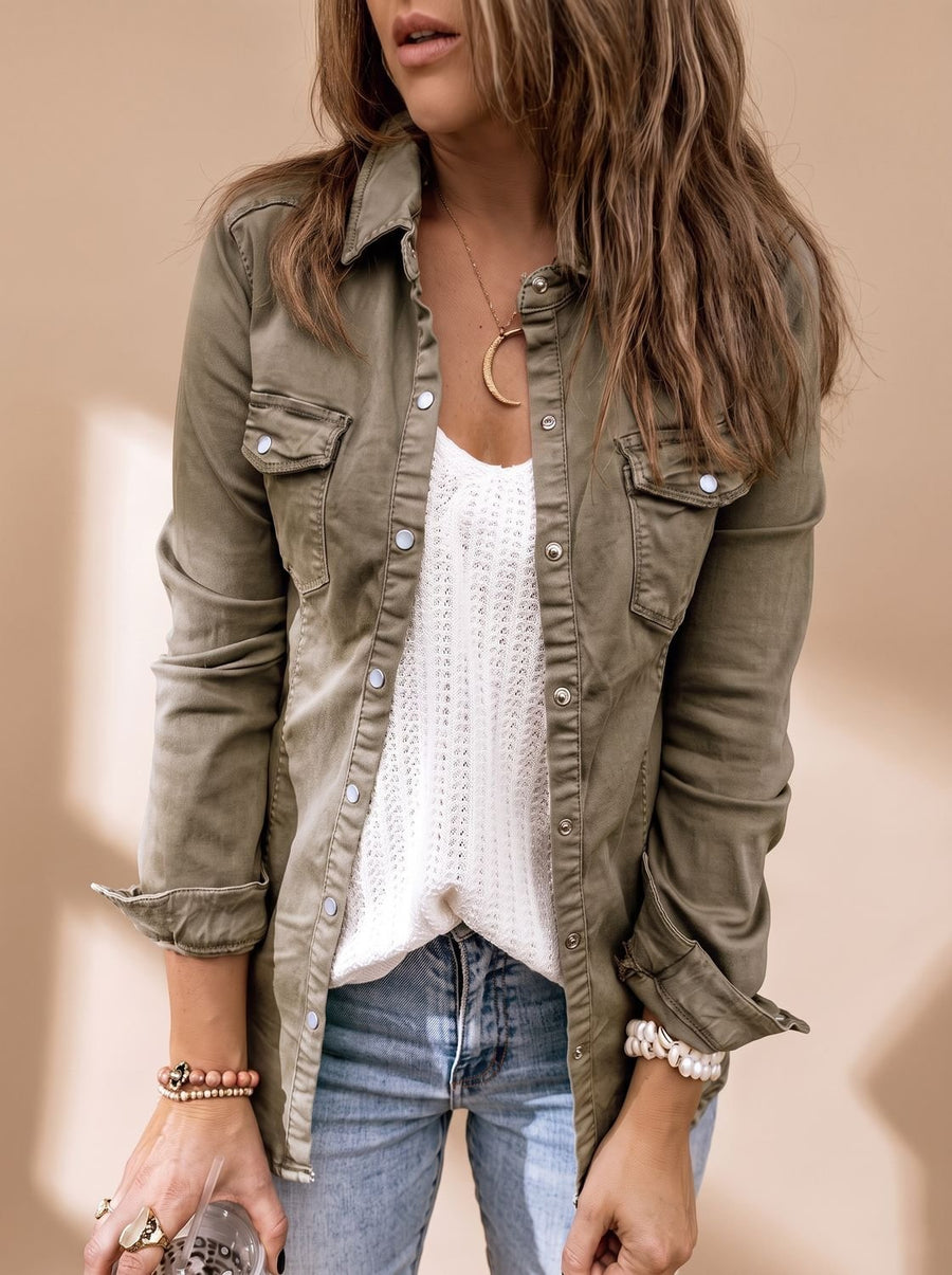 Women's Collared Denim Jacket with Pockets | Annika in Gray - Juana Fashion