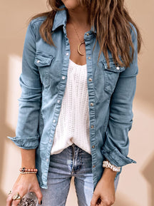 Women's Collared Denim Jacket with Pockets | Annika in Gray - Juana Fashion