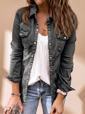 Women's Collared Denim Jacket with Pockets | Annika in Gray - Juana Fashion