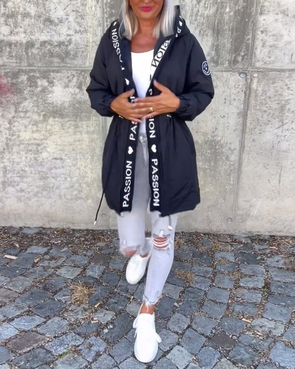Women's Mid-Thigh Hooded Coat with Adjustable Fit | Johanna in Navy - Juana Fashion