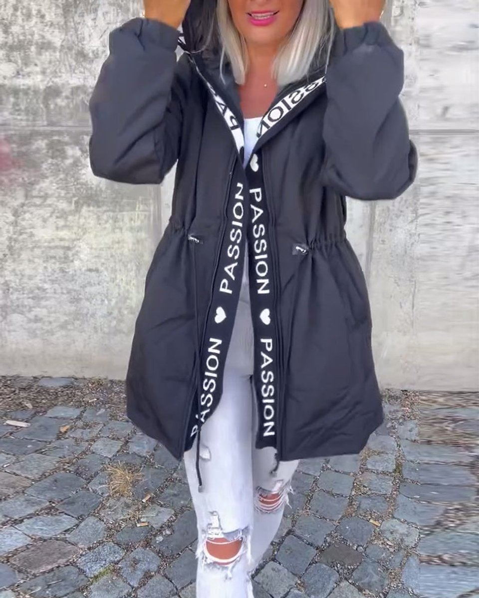 Women's Mid-Thigh Hooded Coat with Adjustable Fit | Johanna in Black - Juana Fashion