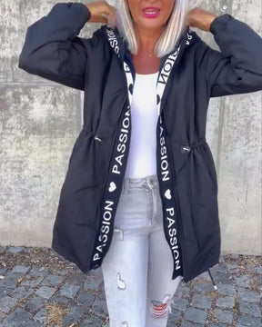 Women's Mid-Thigh Hooded Coat with Adjustable Fit | Johanna in Black - Juana Fashion