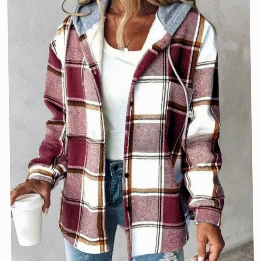 Women's Hooded Plaid Shirt Jacket | Amelie in Red - Juana Fashion