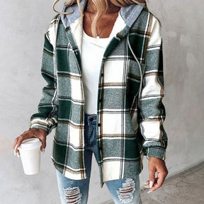 Women's Hooded Plaid Shirt Jacket | Amelie in Dark Red - Juana Fashion
