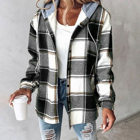 Women's Hooded Plaid Shirt Jacket | Amelie in Dark Red - Juana Fashion