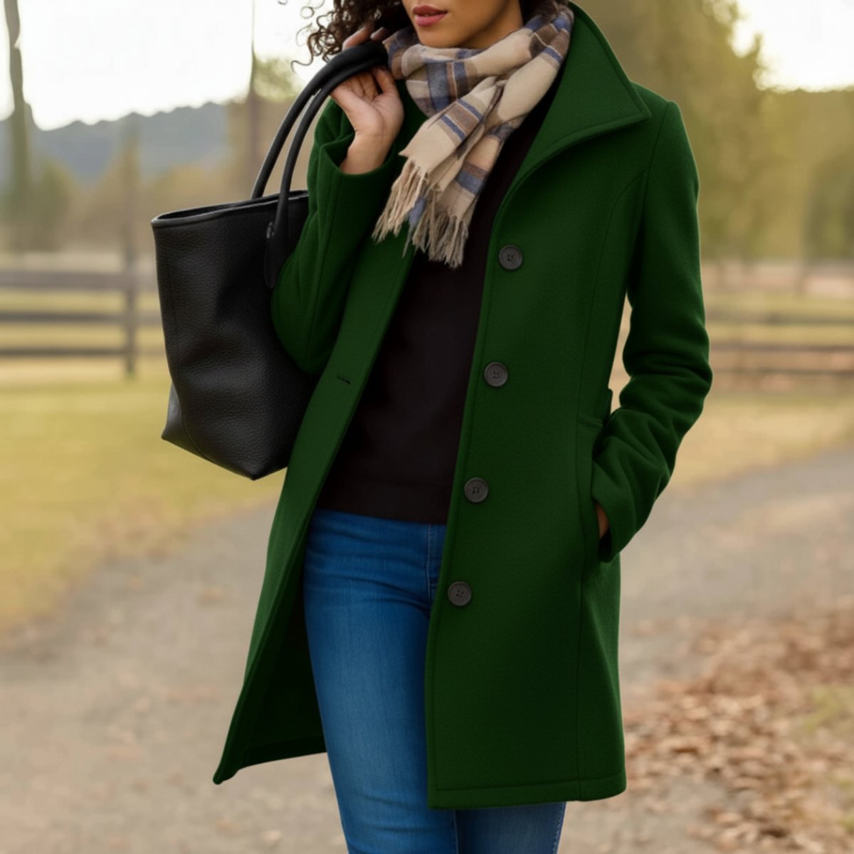 Women's Classic Mid-Length Button-Front Coat | Charlotte in Dark Green - Juana Fashion