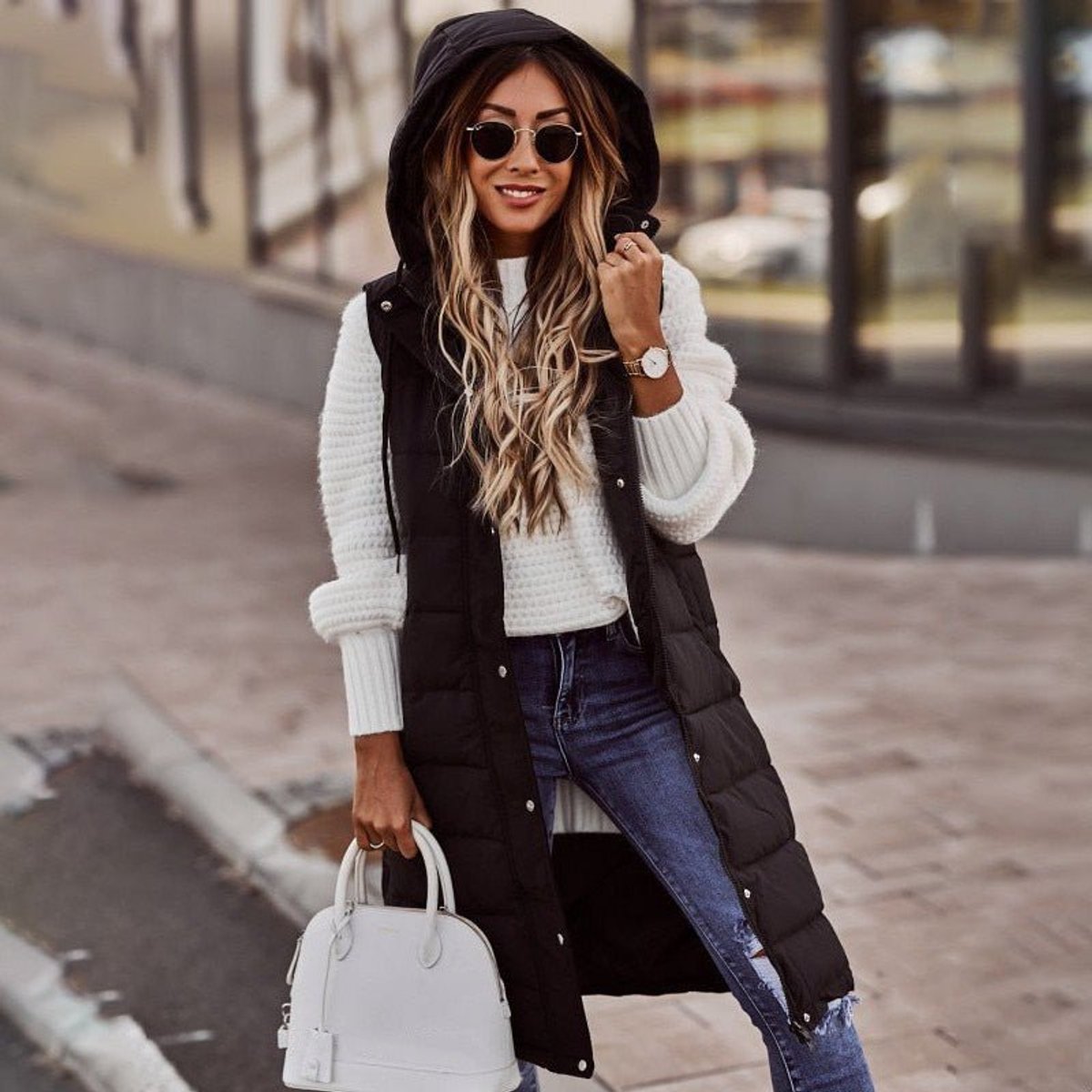 Women's Knee-Length Hooded Quilted Vest | Clara in Beige - Juana Fashion