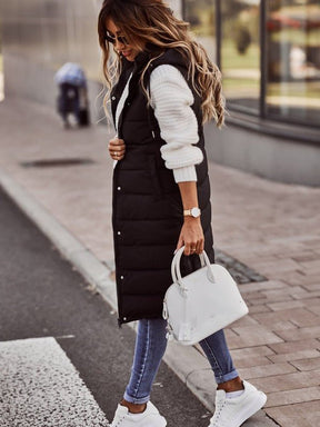 Women's Knee-Length Hooded Quilted Vest | Clara in Beige - Juana Fashion