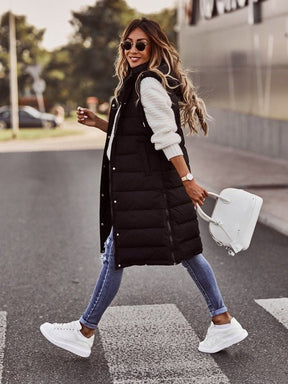 Women's Knee-Length Hooded Quilted Vest | Clara in Beige - Juana Fashion