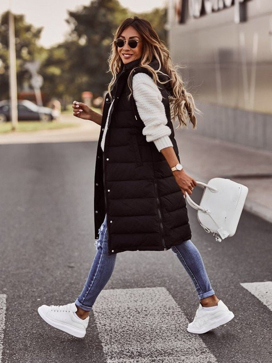 Women's Knee-Length Hooded Quilted Vest | Clara in Beige - Juana Fashion