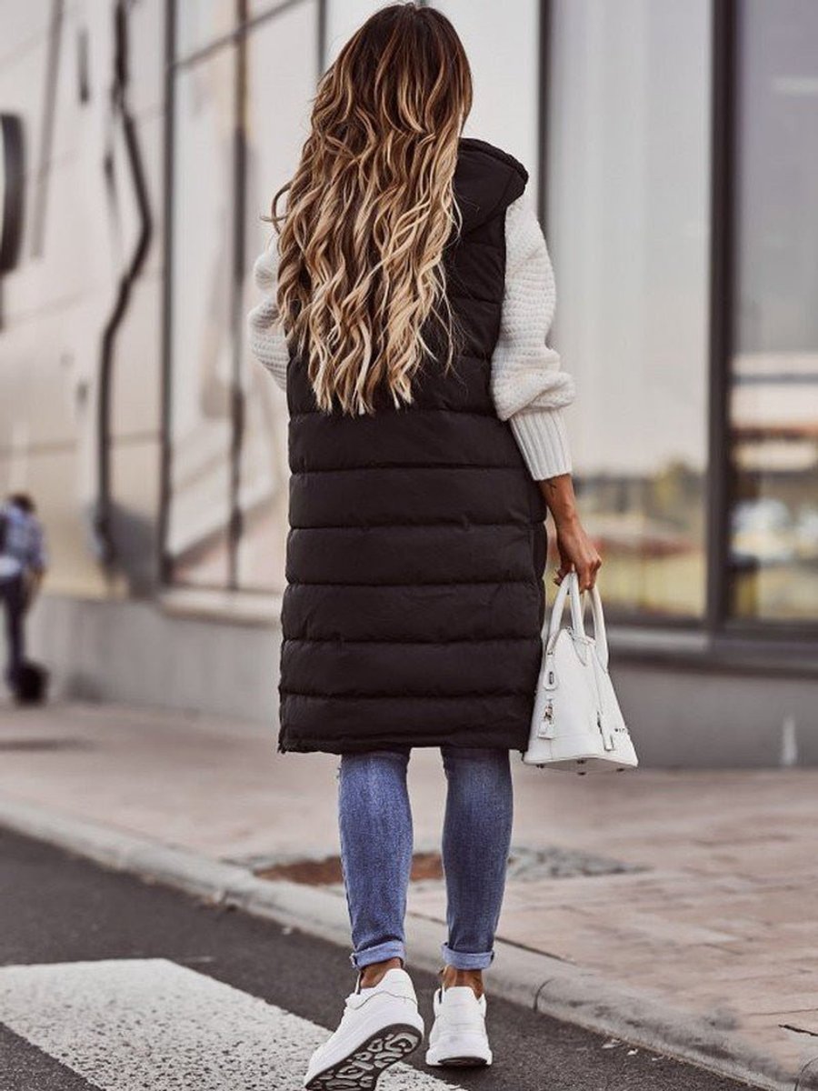 Women's Knee-Length Hooded Quilted Vest | Clara in Beige - Juana Fashion