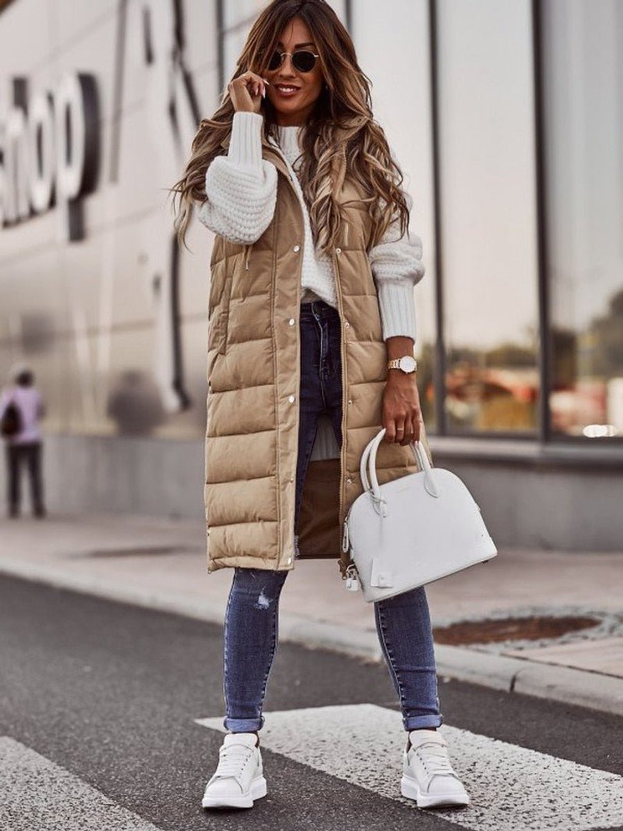 Women's Knee-Length Hooded Quilted Vest | Clara in Beige - Juana Fashion