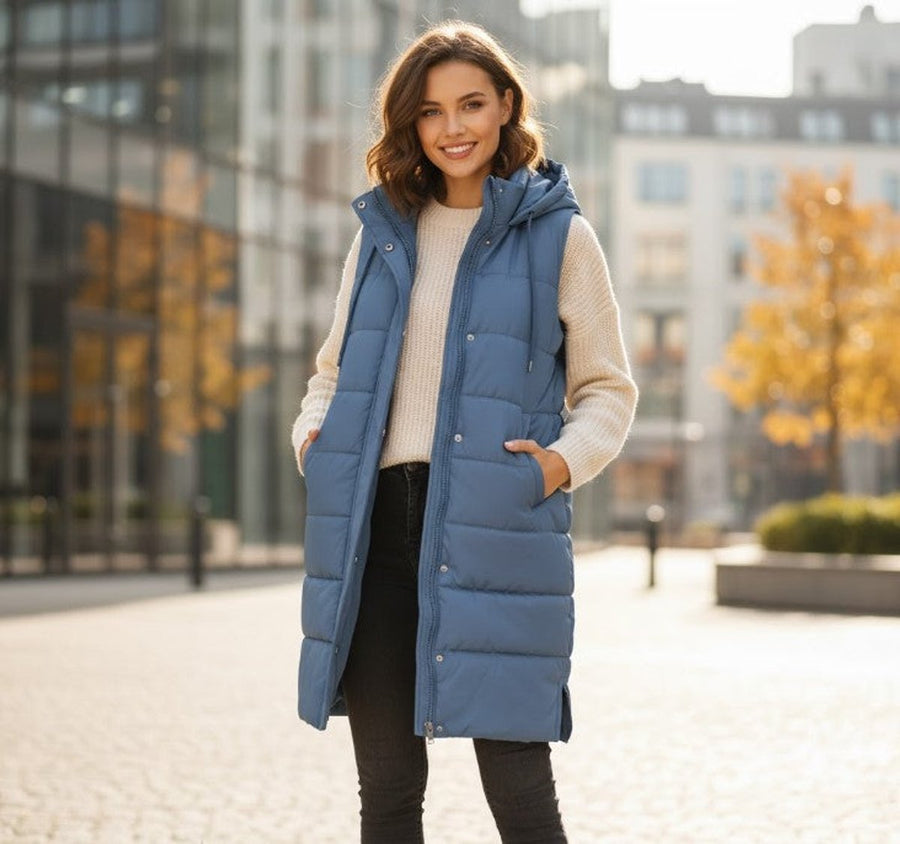 Women's Knee-Length Hooded Quilted Vest | Clara in Beige - Juana Fashion