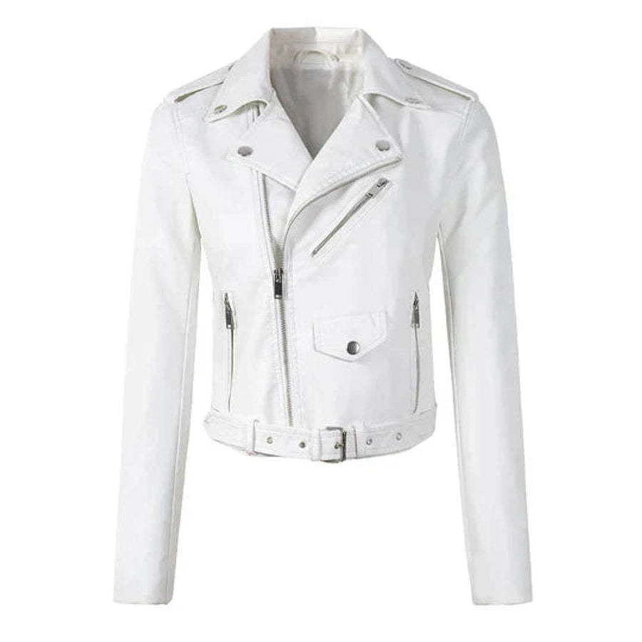 Women's Cropped Faux Leather Biker Jacket | Annika in White - Juana Fashion