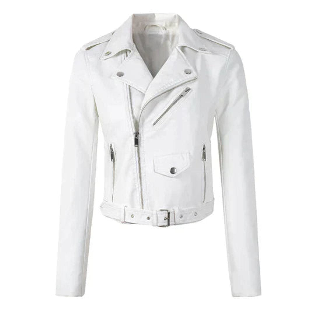 Women's Cropped Faux Leather Biker Jacket | Annika in White - Juana Fashion