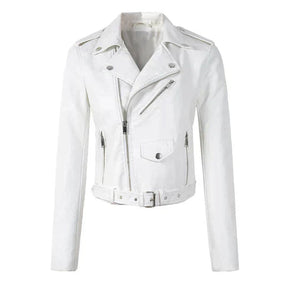 Women's Cropped Faux Leather Biker Jacket | Annika in White - Juana Fashion