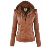 Women's Faux Leather Biker Jacket with Detachable Hood | Katharina in Brown - Juana Fashion