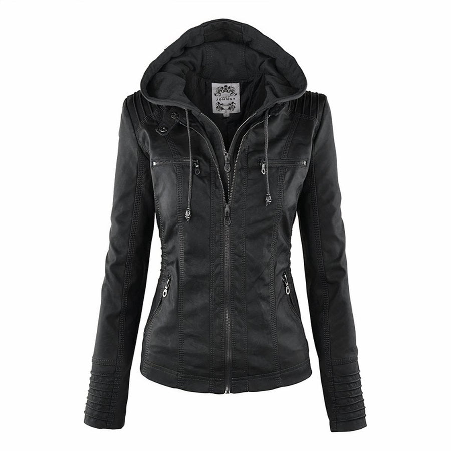 Women's Faux Leather Biker Jacket with Detachable Hood | Katharina in Brown - Juana Fashion