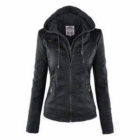 Women's Faux Leather Biker Jacket with Detachable Hood | Katharina in Brown - Juana Fashion