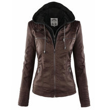 Women's Faux Leather Biker Jacket with Detachable Hood | Katharina in Brown - Juana Fashion